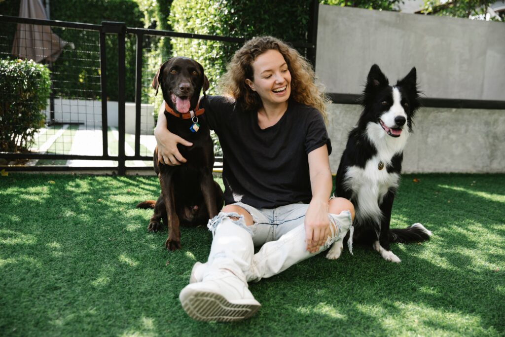 Family enjoying time with dogs in fenced yard